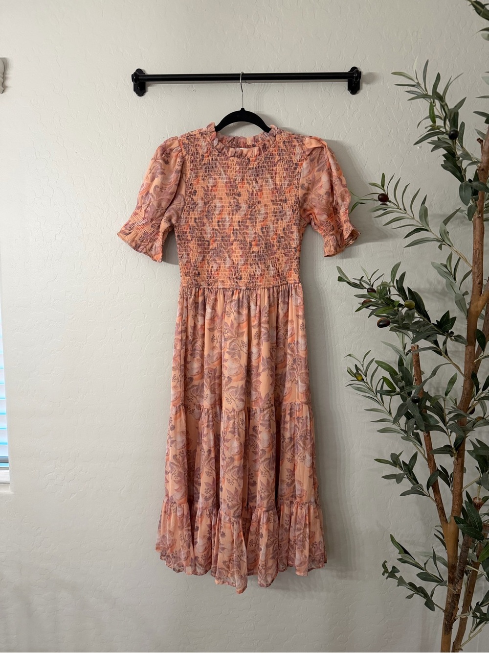 Ivy City Co Peach Floral Smocked Midi Dress